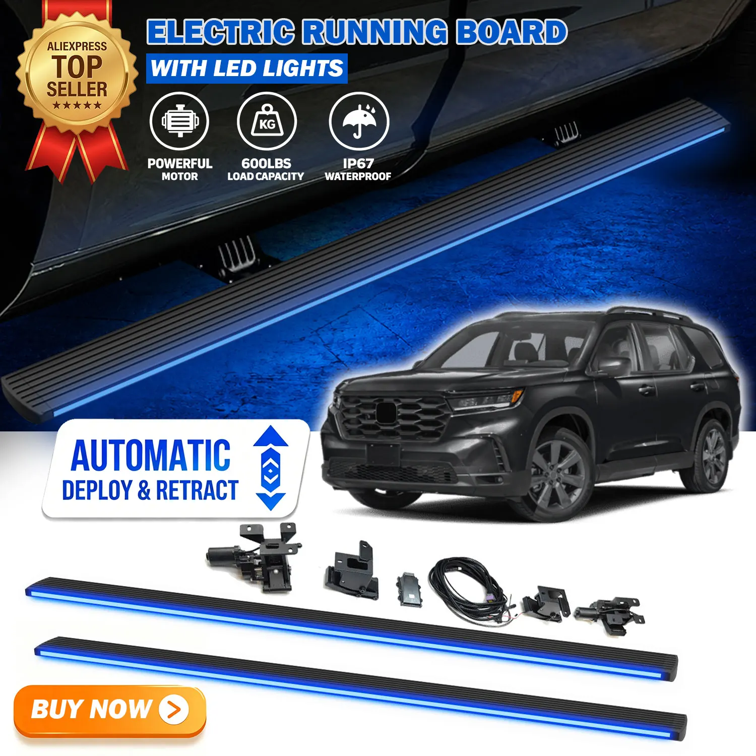 Fits For 2023 2024 2025 2026 Honda Pilot Deployable Power Electric Running Boards with LED Light Strips Side Step Nerf Bars