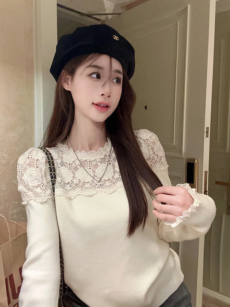 Lace Sweaters Women Sweet Lovely Autumn Winter Spliced Schoolgirls Fairycore Japanese Style Leisure Exquisite Youthful All-match