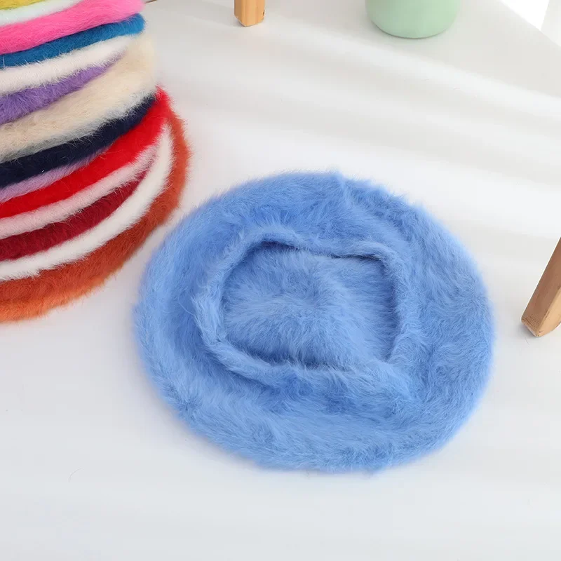 AutumnWinter New Fashionable Candy Color Warm Knitted Beret Hat Rabbit Fur Solid Color Versatile Winter Bud Hat Women Beret Hat