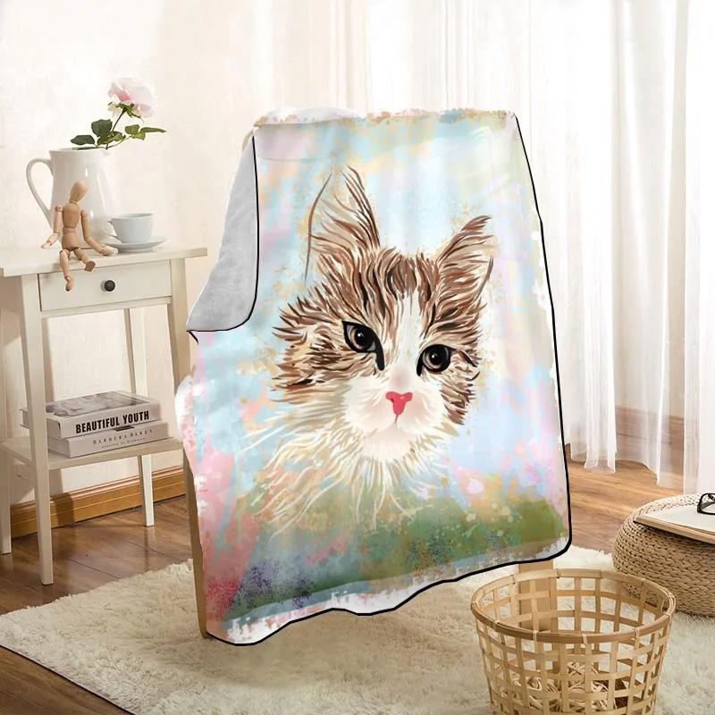 

Custom Cute Watercolor Cat Blankets Throw On Home/Sofa/Bedding For Kids Room Blanket 145x200cm 0524