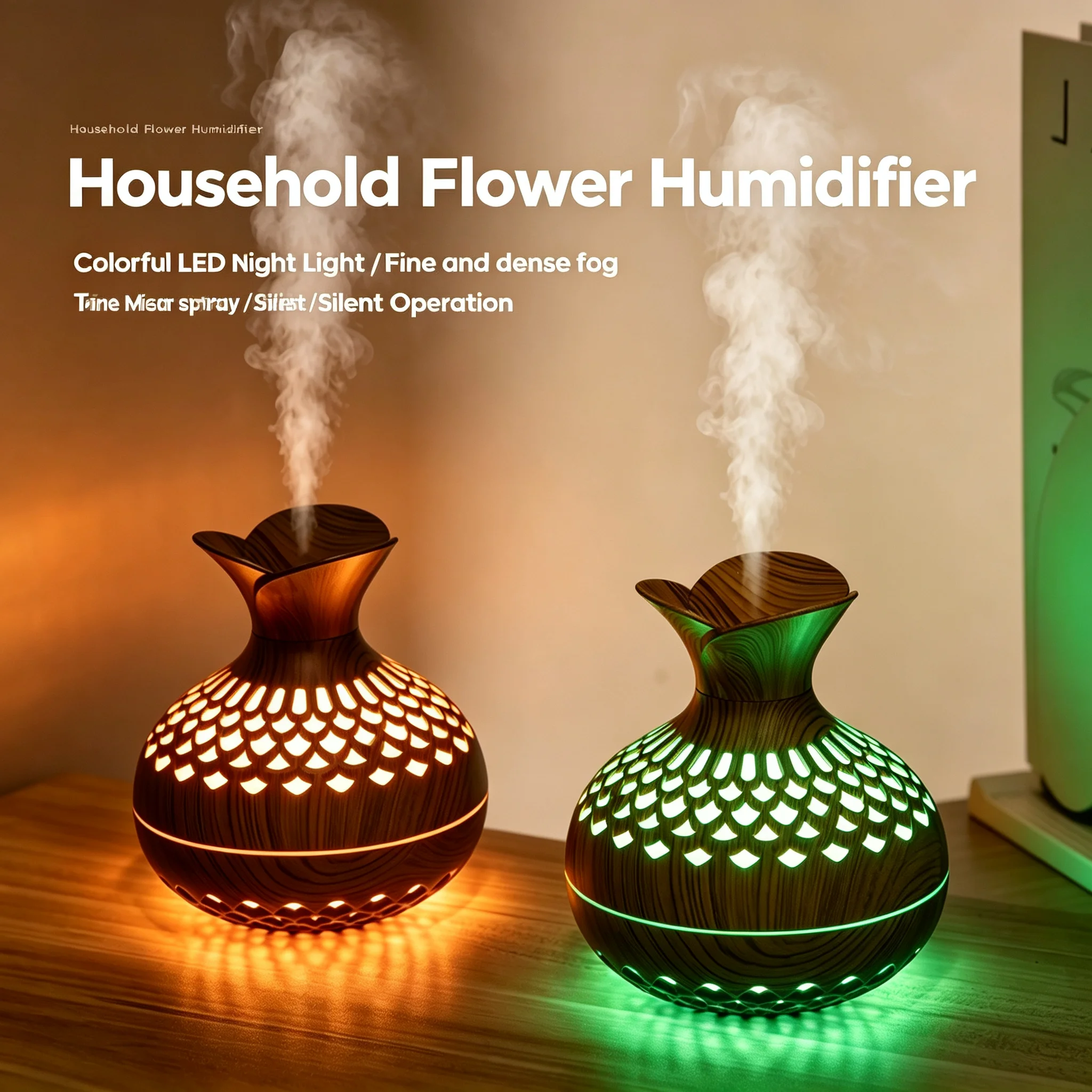 300ML Wood Grain Flower Humidifier USB Silent Aroma Diffuser with Colorful LED Night Light,2 Modes for Home Bedroom Desk Gift
