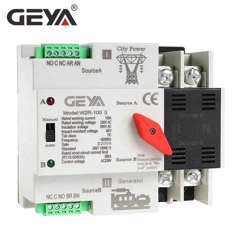 GEYA W2R Automatic Transfer Switch Electrical Selector Switches Dual Power Switch ATS 63A 100A ATS