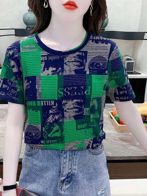 

Summer 2026 New Style Women's T-shirt round Neck Short Sleeve Printed Color Block Retro Elegant Mom Clothes Green Color