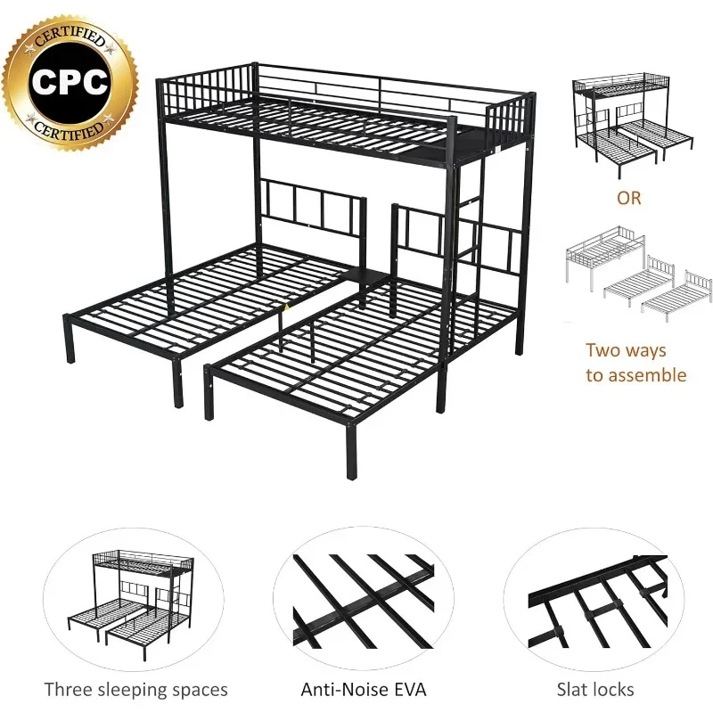 ZHENXIANG Triple Bunk Beds,3 Twin Bunk Beds for Kids Teens Boys Grils,Metal Heavy Duty Bunk Bed with Guardrail Ladder,Convert