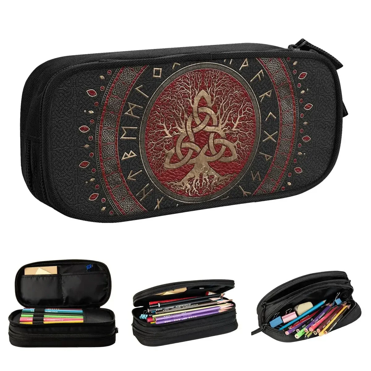 Tree Of Life Triquetra Leather  Pencil Case Valhalla Pencilcases Pen Box Big Capacity Bags School Supplies Stationery