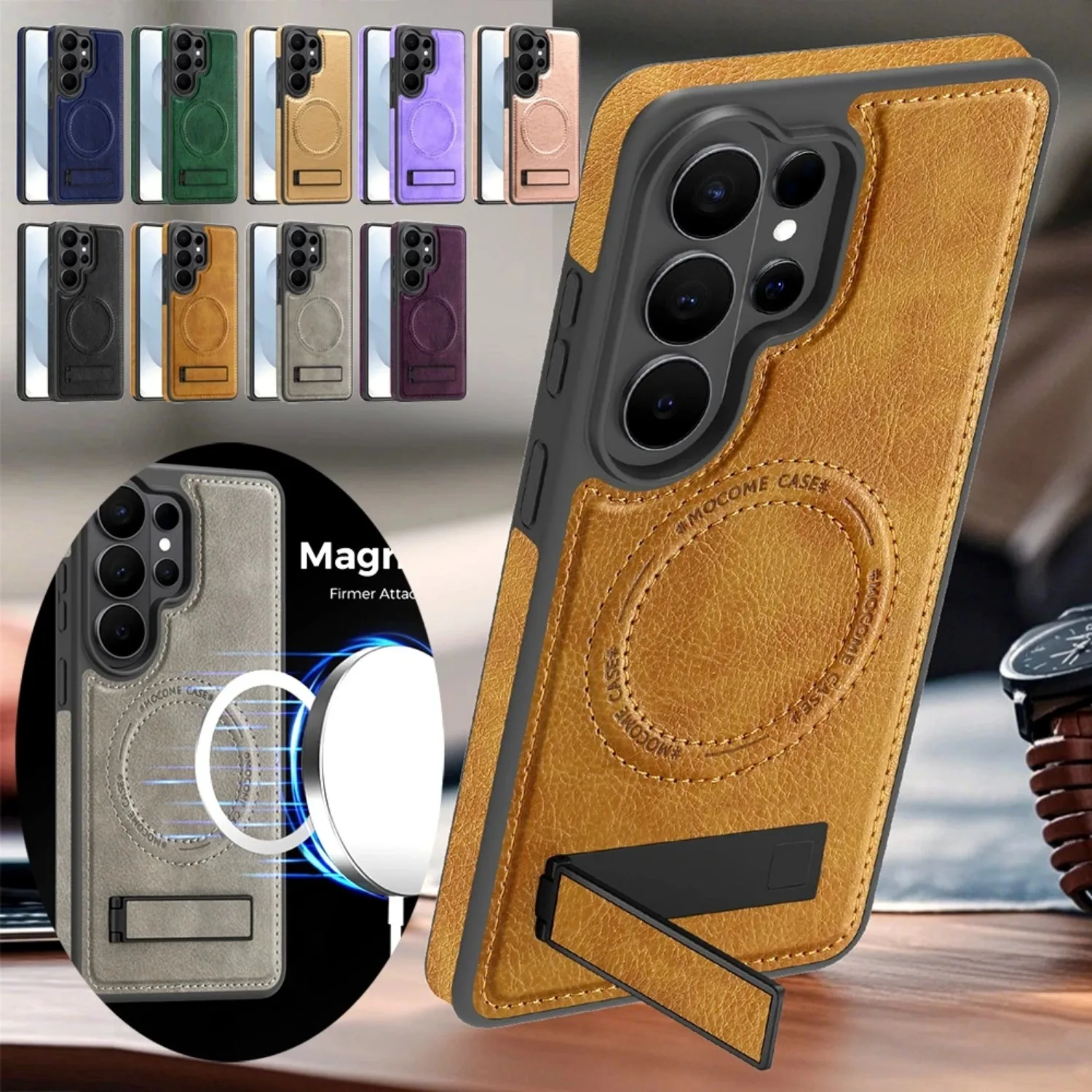 Business Sle Leather for Magsafe Case for Samsung Galaxy S26 Ultra S25 Edge S24 FE S23 Plus Wireless Charge Protect Stand Cover