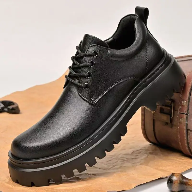 

Мужские демисезонные туфли из натуральной кожи на шнуровке, с толстой подошвой, нескользящие, водонепроницаемые, на низком каблуке, с круглым носком, для бизнеса и повседневной носки