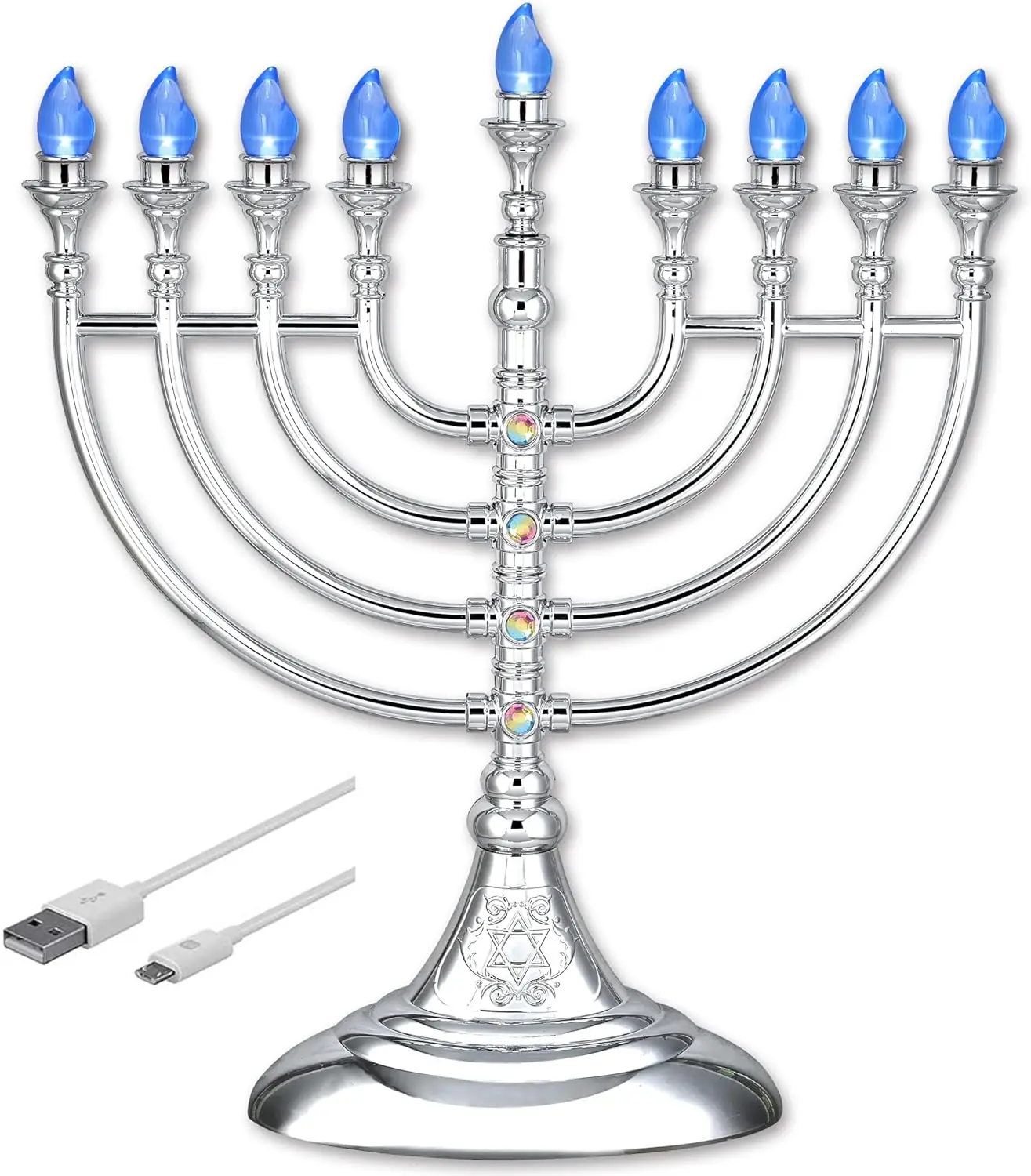 

Traditional LED Menorah 13" Silver Battery/USB Powered Flameless Hanukkah Decor with USB Cable
