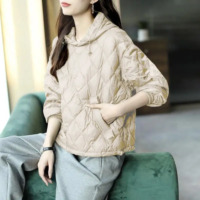 Fashion Quilted White Duck Down Hoodie Womens Lightweight Puffer Coat Loose Green Jacket Winter