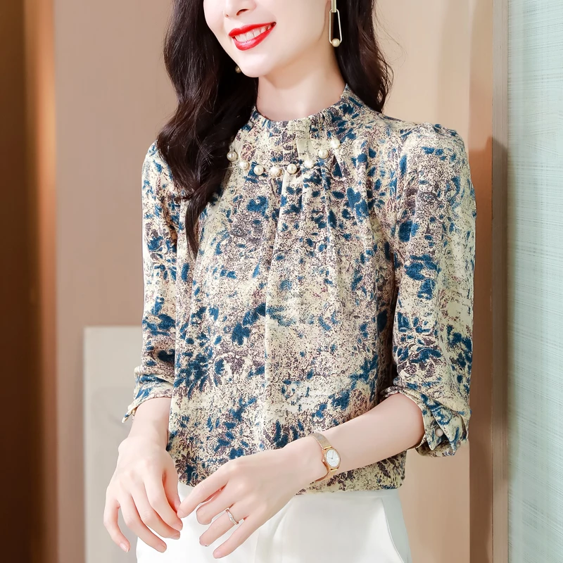 Size M-3XL Spring Summer New Chiffon Shirt Women's Beading Collar Long Sleeve Fashion Casual Top Shirts Elegant Tops Blouse