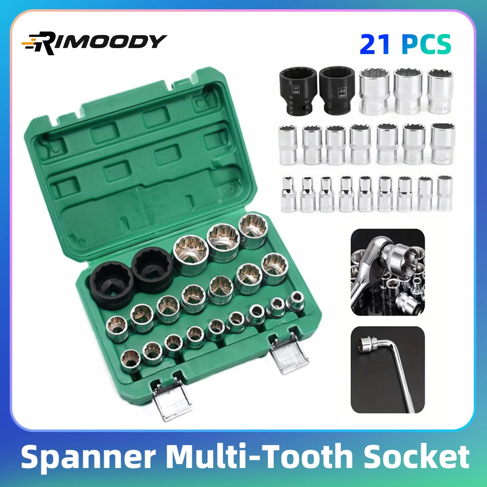 Rimoody Chiave Multi-Dente 21 Pezzi 1/2 6 e 12 Punti 8-36 mm Scatola Presa Multi-Dente Esterna Kit di Strumenti di Riparazione Auto