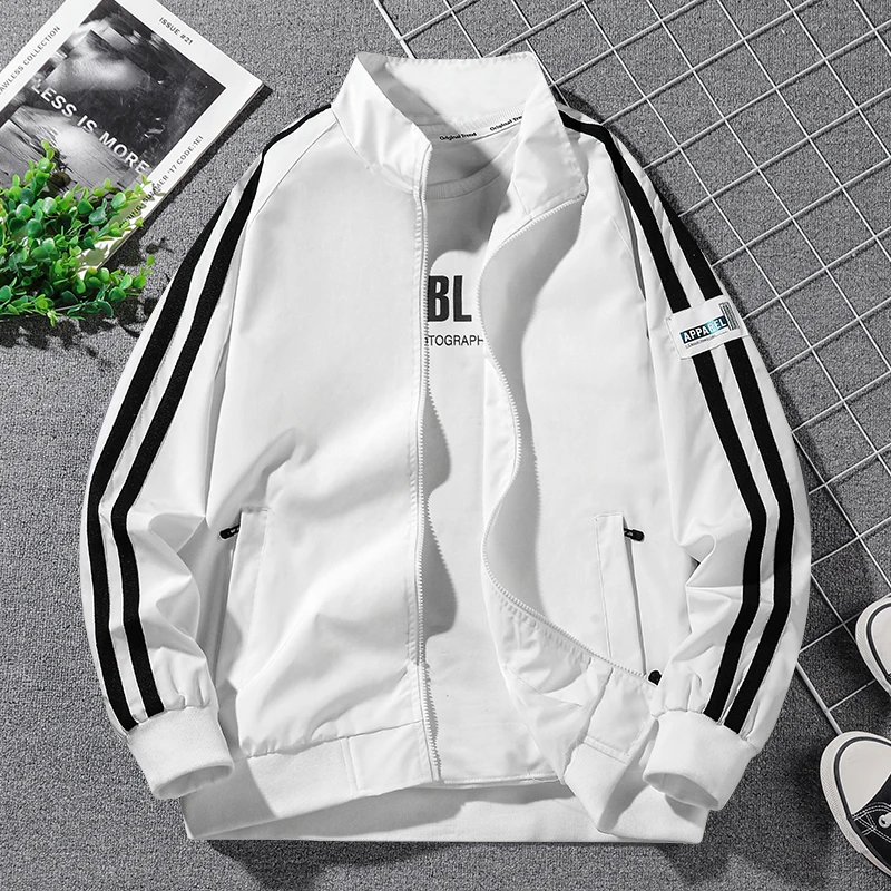 

Spring Autumn Men's Faion Casual Loose Fit Jaet Stripe Spor Outerwear Stand Collar Polyester Fiber Long Sve Zipper