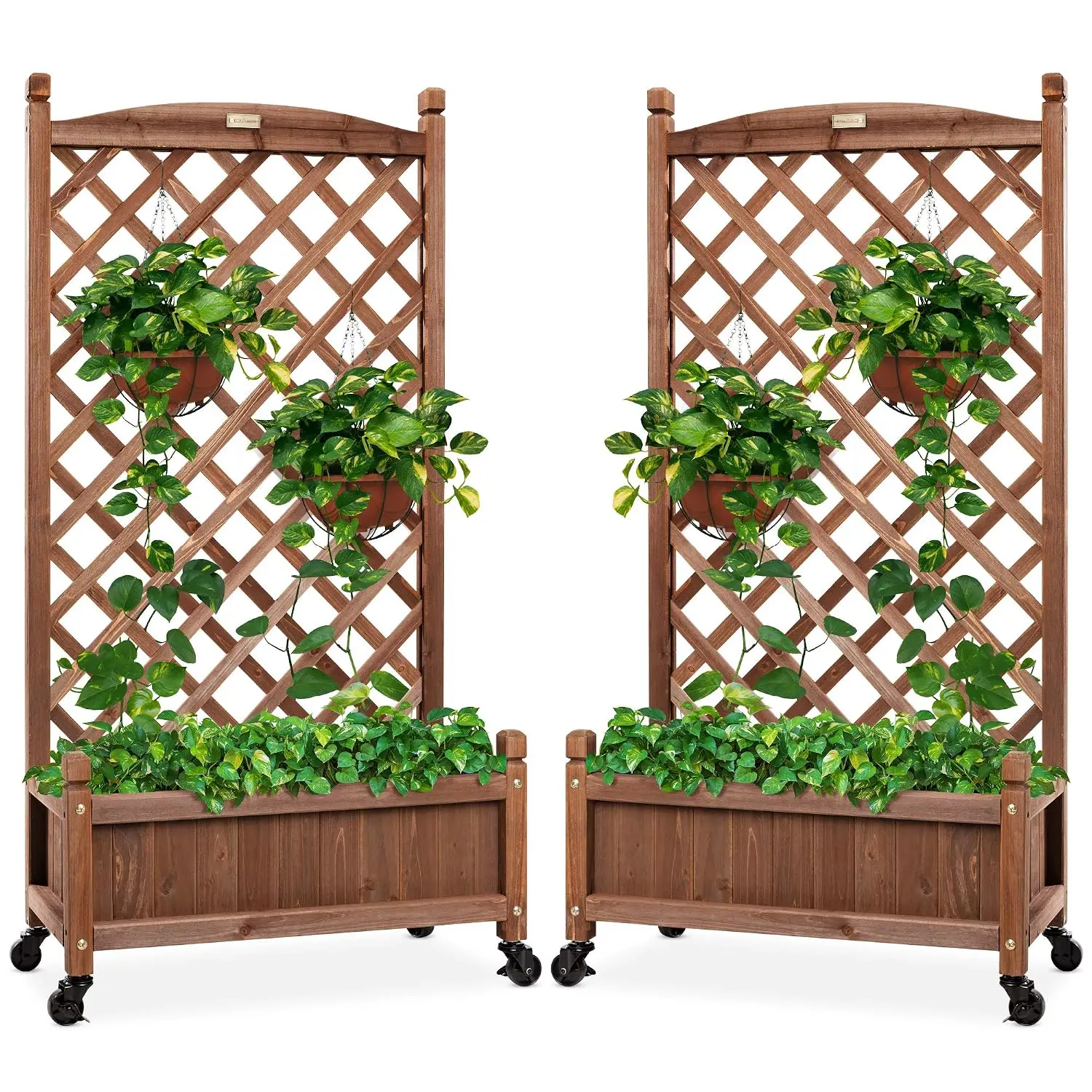 Set of 2 48in Wood Planter Box & Diamond Lattice Trellis, Mobile Outdoor Raised Garden Bed for Climbing Plants, Customized