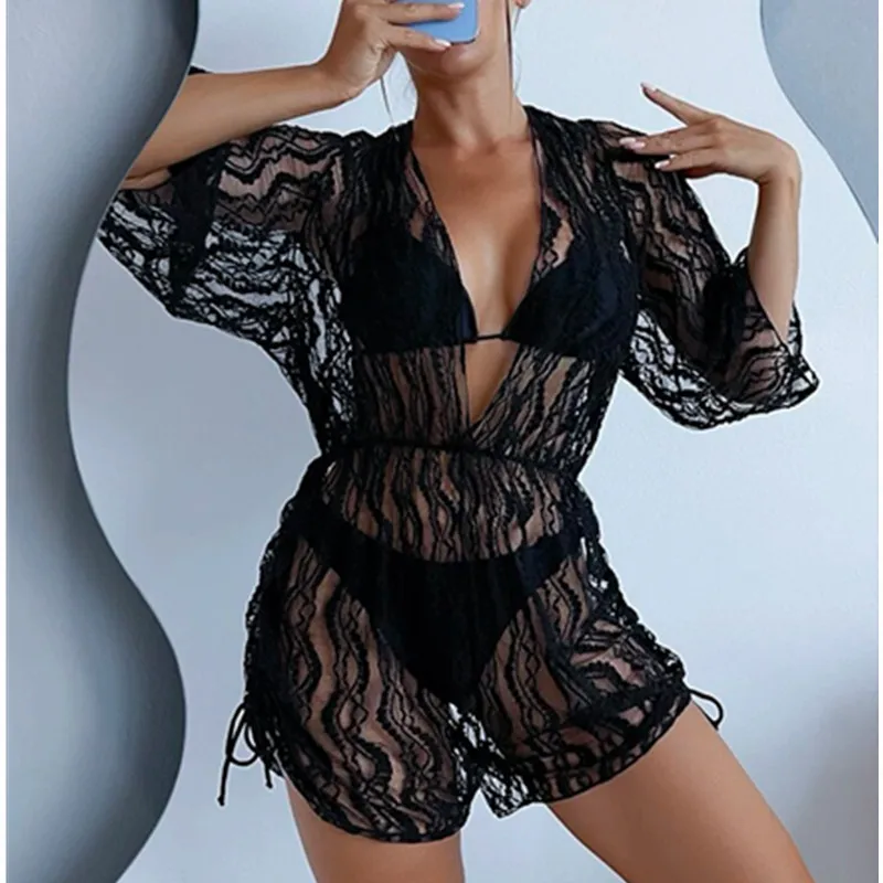 Long Sleeve Mesh Corset One-Piece Swimsuit High Waist Drawstring Sun Protection Three-Piece Bikini