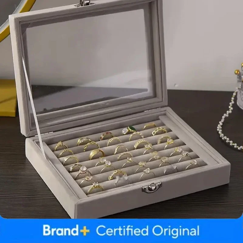 1 unidad, caja de almacenamiento de anillos, bandeja de almacenamiento de joyas de terciopelo suave con tapa transparente, caja para presentación de pendientes y joyas