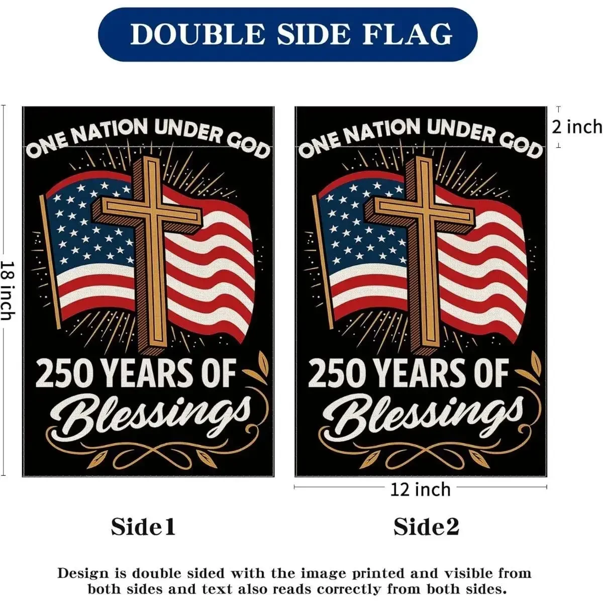 12x18 in Patriotic Christian Festive Flag, Double-Sided American Flag with Cross, 250 Years of Blessings Outdoor Banner for Home & Party Supplies
