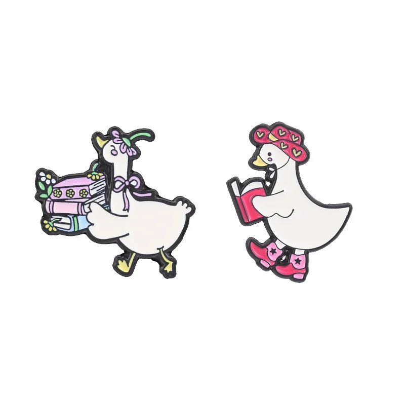 Literary Goose Reading Book Enamel Pin Red Cowboy Hat Goose Reading Red Book & Holding Stack Of Books Brooch Lapel Badge Jewelry