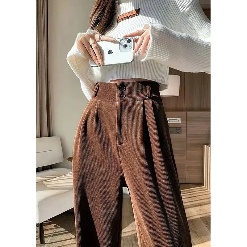 MEXZT Corduroy Wide Leg Pants Women Vintage Black Fleece Baggy Pants Winter Streetwear Korean High Waist Straight Trousers New