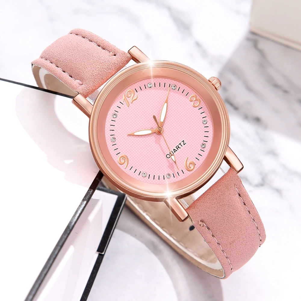 Quartz Pink Women Watch 5PCS/Set Simple Diamond Dial Quartz Wristwatch Leather Strap Watch Butterfly Jewelry Set Gift For Her