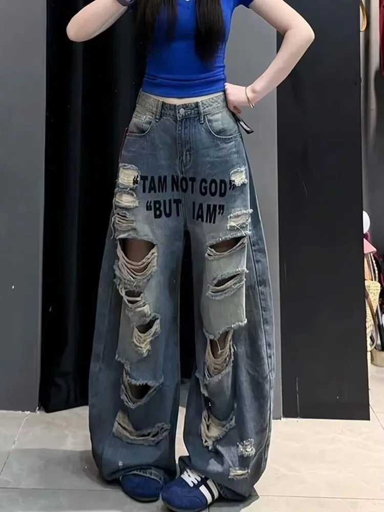 American Retro Print Hole Denim Pants Women's Large Size High Street Loose Slimming Drapey Wide Leg Pants Natural Waist