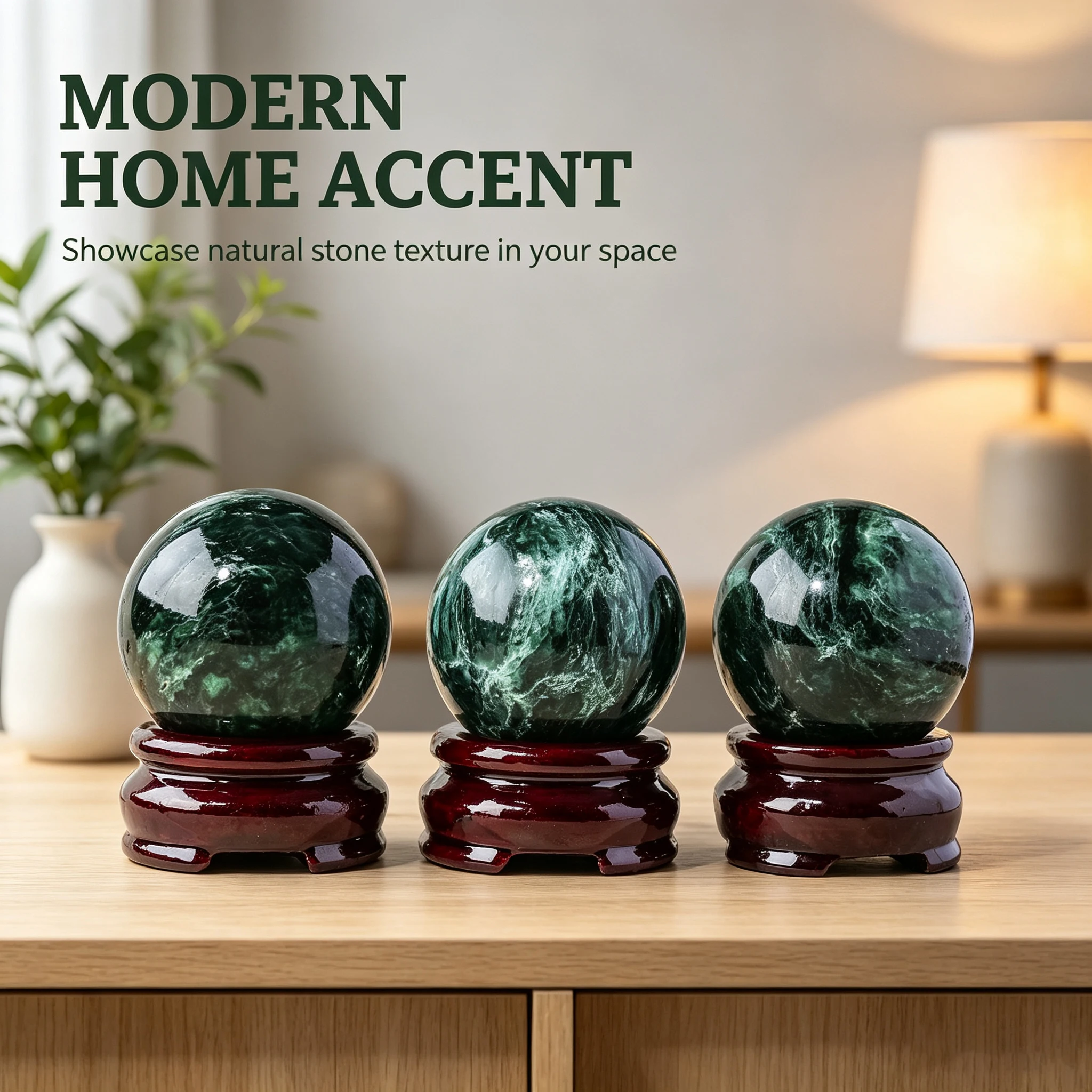 1PC Natural Crystal Sphere Ornament, Emerald Green Polished Stone Sphere, Tabletop Home Decor Display, Comes with Wooden Stand