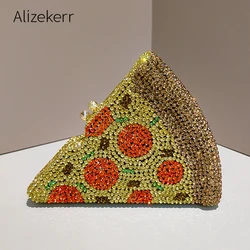 Alizekerr Pizza Shaped Diamond Evening Clutch Bags 2024 New Gorgeous Unique Metallic Watermelon Rhinestone Purses Wedding Party