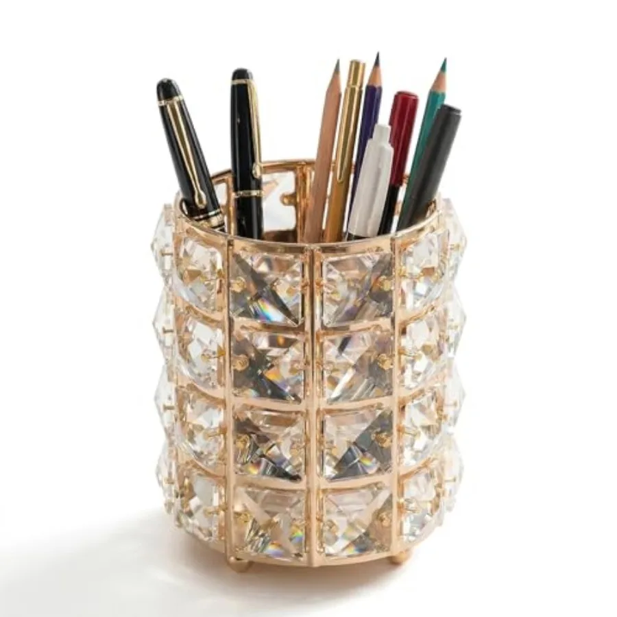 

Crystal Pen Holder for Desk, 3.58"/ Metal Pencil Cup, Elegant Office Desk Accessories for Women, Modern Home Office Decor, Teac