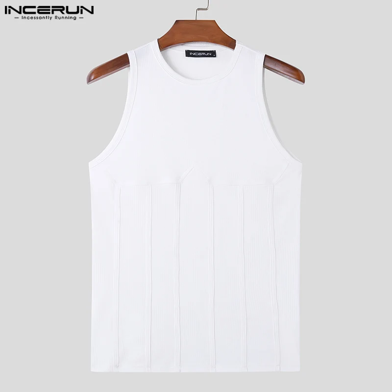 INCERUN Tops 2024 Korean Style Handsome Men O-neck Patchwork Line Vests Casual Streetwear Personality Sleeveless Tank Tops S-5XL