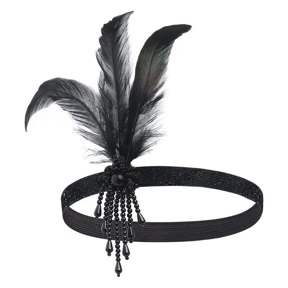 Diamond Feather Headwear para Mulheres, Masquerade Hair Band, Black Tassel Hairband, Cosplay Dress Headwear, Maquiagem Party Hair Accessories