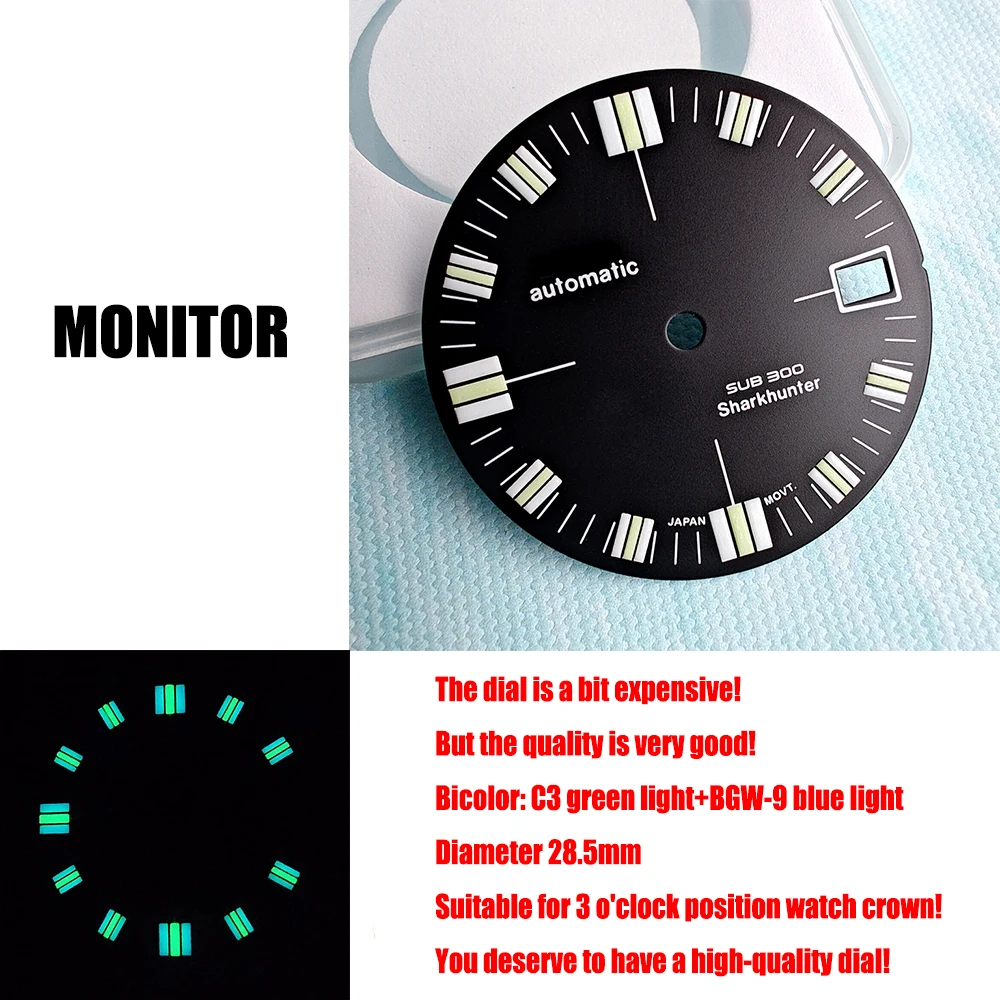 

HEIMDALLR Quality NH35 Dial Dual Color Luminous Watch Face Japan C3 Green BGW-9 Blue 3 o'clock Crown Case Modified dial 28.5MM