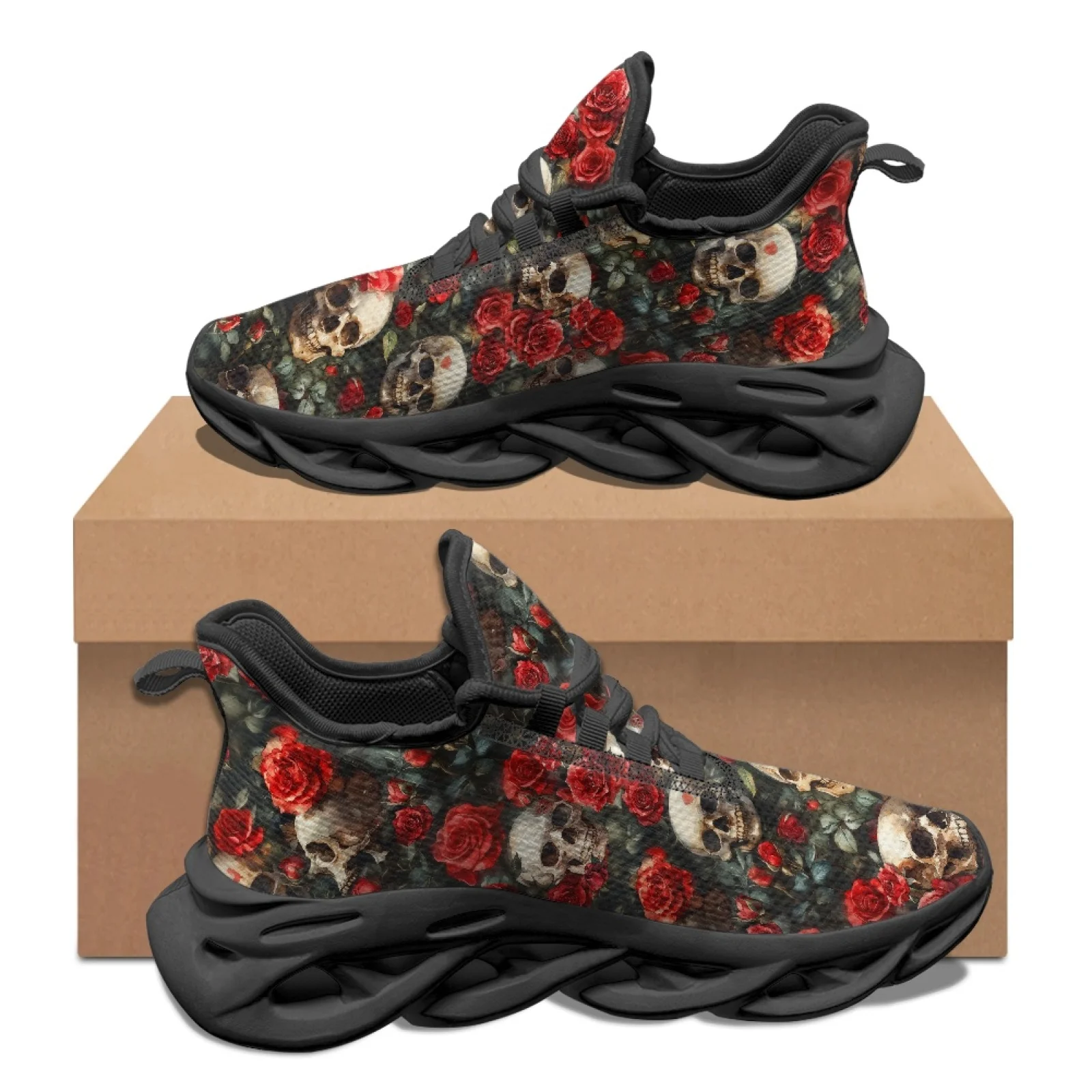 PENSTROLL Skull Red Roses Men's Running Shoes Mesh & EVA Athletic Footwear Lace-Up Mens Running Shoes for Jogging