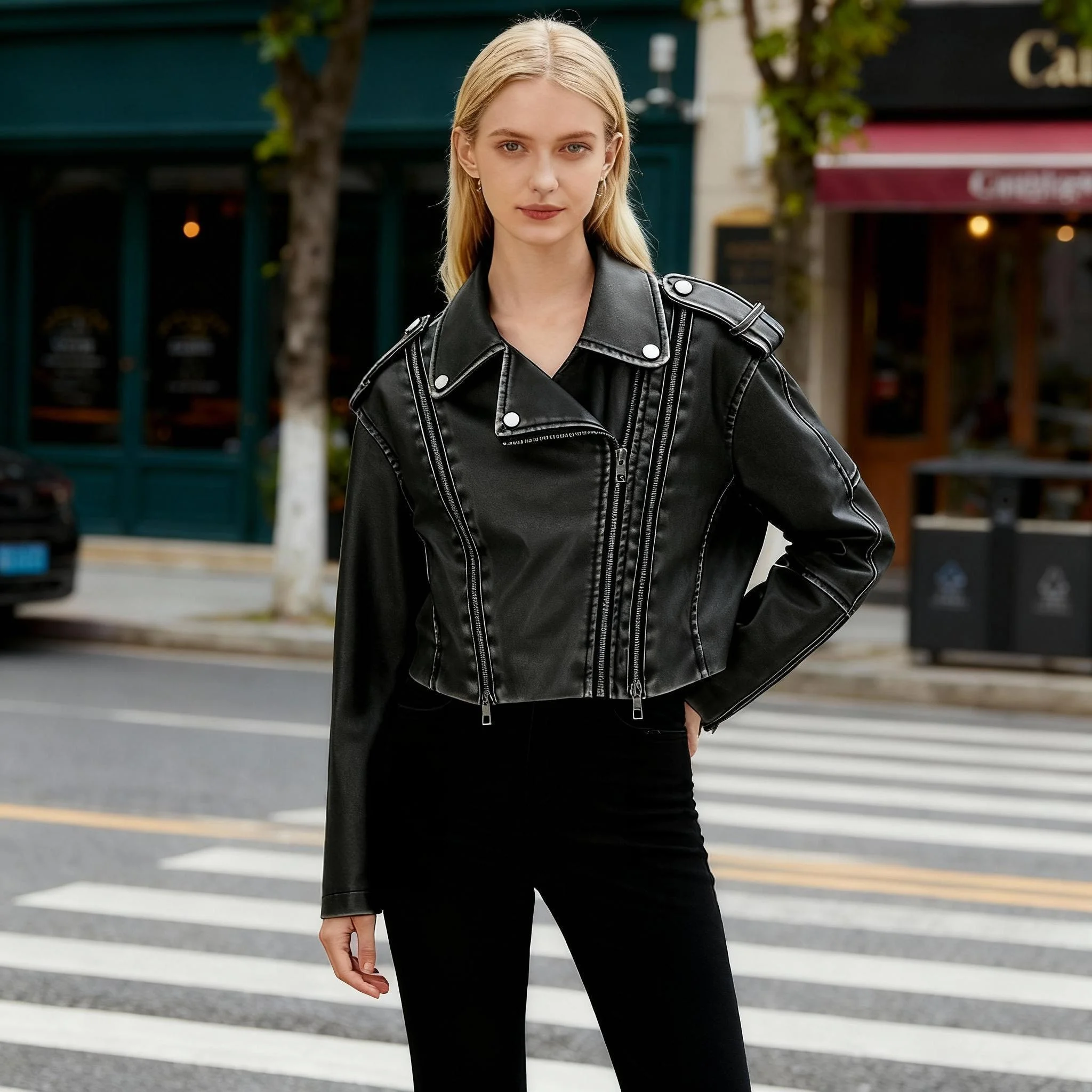 سترة نسائية سوداء لراكبي الدراجات النارية من جلد البولي يوريثان، سترة قصيرة عتيقة للدراجات النارية مع سحابات، أزياء الشارع الحضرية