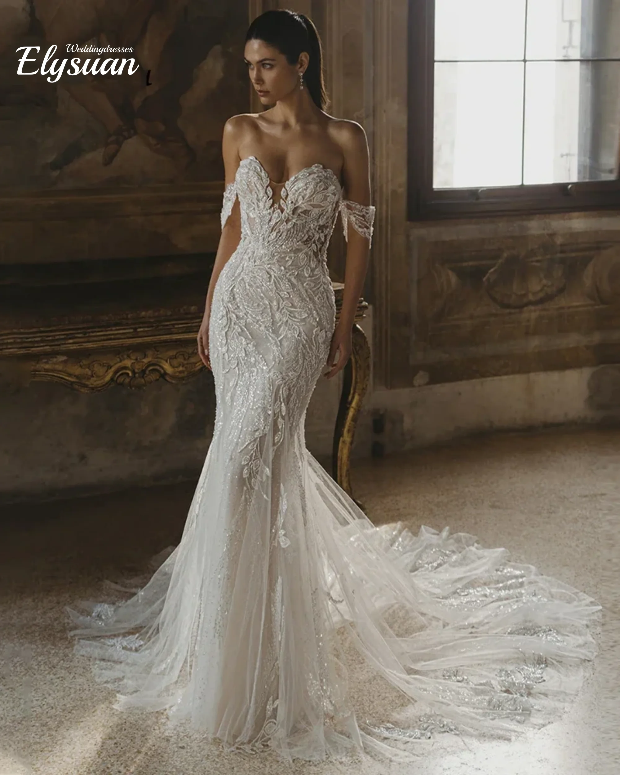 

Customized Luxurious Mermaid Wedding Dress for Bride Lace Appliques Off the Shoulder Sweetheart Vestidos De Novia