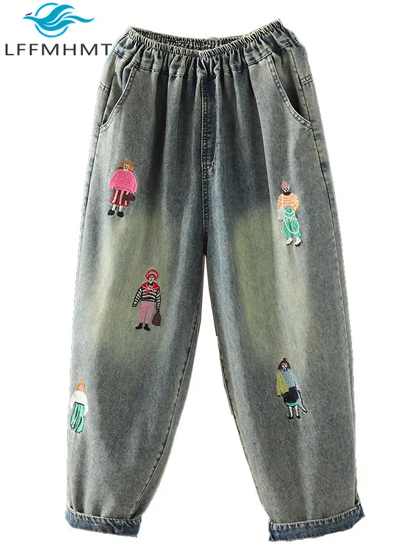

Cartoon Embroidery Cute Denim Pants for Women Summer Vintage Trendy Elastic Waist Loose Casual Ankle Length Hip Hop Jeans