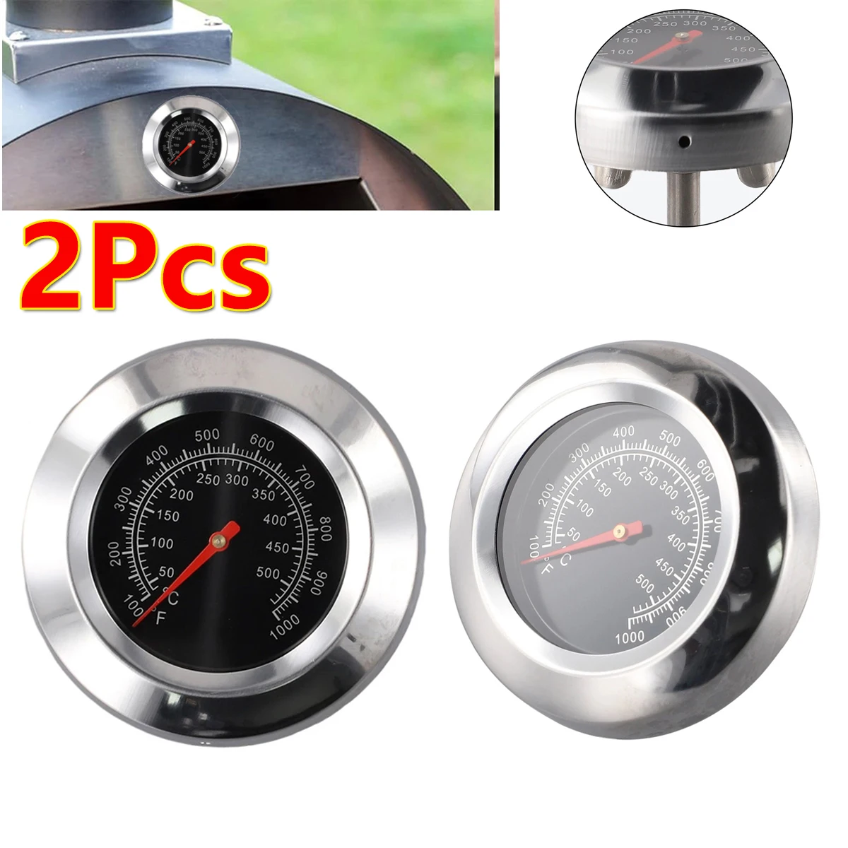 

2Pcs Stainless Steel BBQ Smoker Grill Thermometer Barbecue Temperature Gauge Gas Grill BBQ Lid 50-500℃ for Home Kitchen Cooking