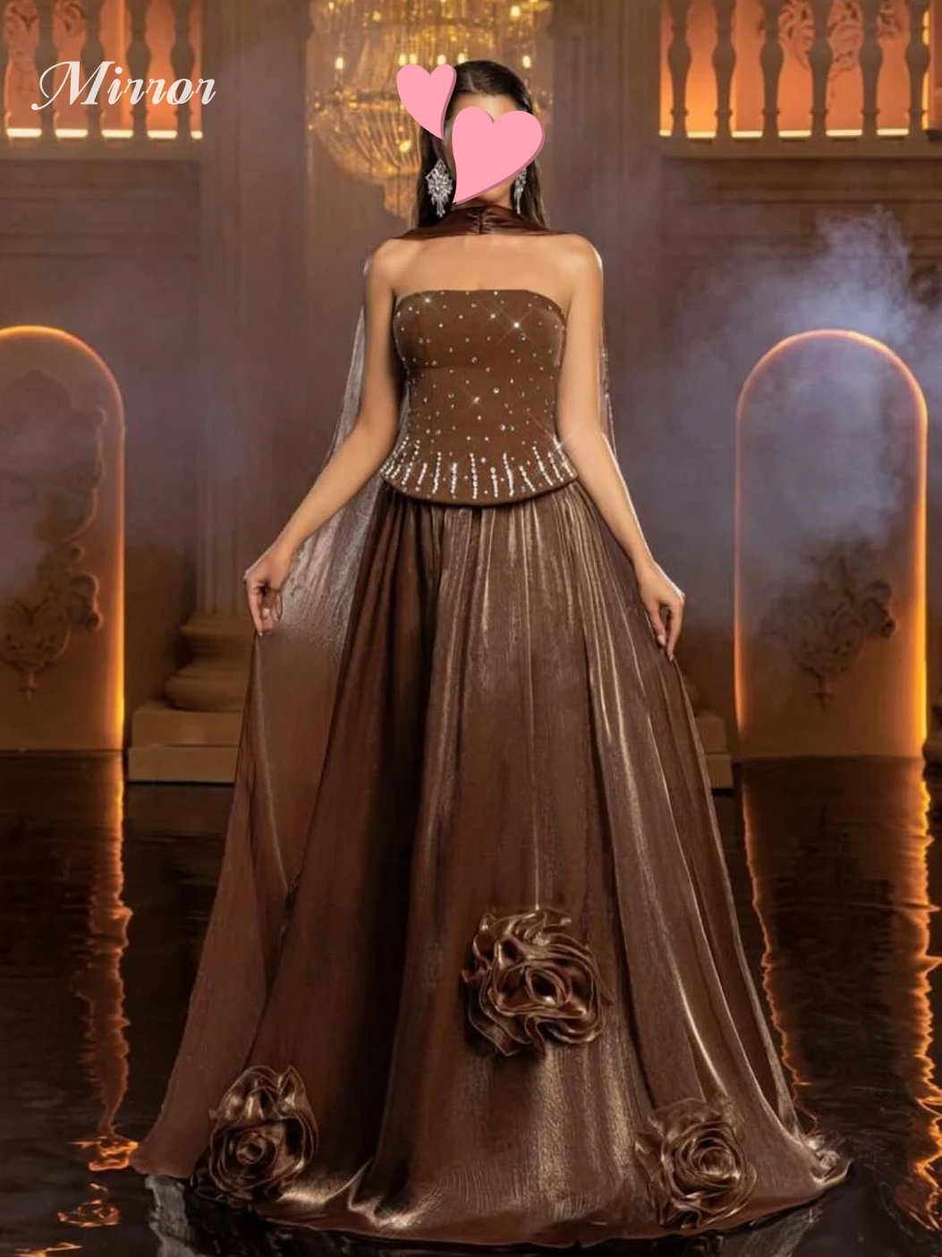 

Mirror Dress Elegant Vintage Sweet Brown Flowers Crystal Ribbon New Customize Formal Occasion Prom Dress Evening Party Gowns
