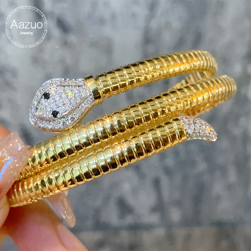 Aazuo 18K Luxury Jewelry Solid Yellow Gold Real Natural Diamond Set 3 Lines Animal Snake Bangle Gift For Women Wedding Party