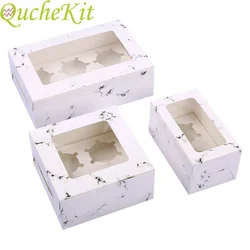 10pcs Marbling Paper Cake Box With Window Packing 2/4/6 Cups Muffin Cupcake Box Wedding Birthday Baby Shower Gift Box Cookie Bag