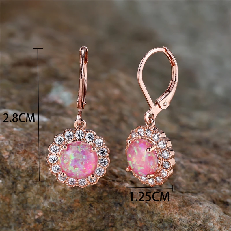 Cute Pink Purple Fire Opal Stone Round Hoop Earrings For Women Charm Female Rose Gold Color Wedding Jewelry Gift