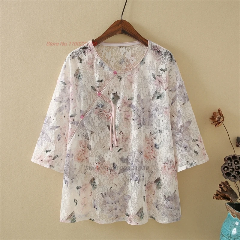 

2024 chinese vintage blouse national flower print improved qipao blouse oriental hanfu tops traditional ethnic chiffon blouse