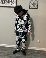 Loose Sports Pants 2-piece Set Y2k Black Retro Pattern Printed Street Style American Harajuku Zipper Sports Hoodie