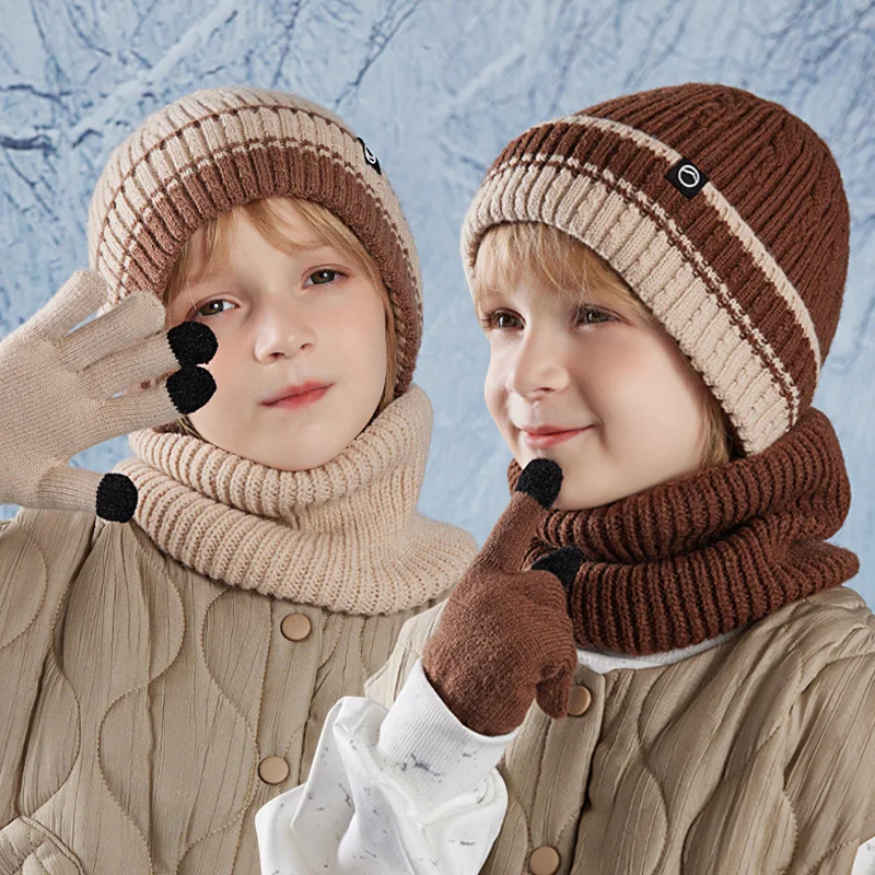 

3Pcs Children Winter Hat Neck Warmer Gloves Set Fleece Lining Kids Beanie Scarf Suit Outdoor Child Cap for Girls Boys 4-10Y