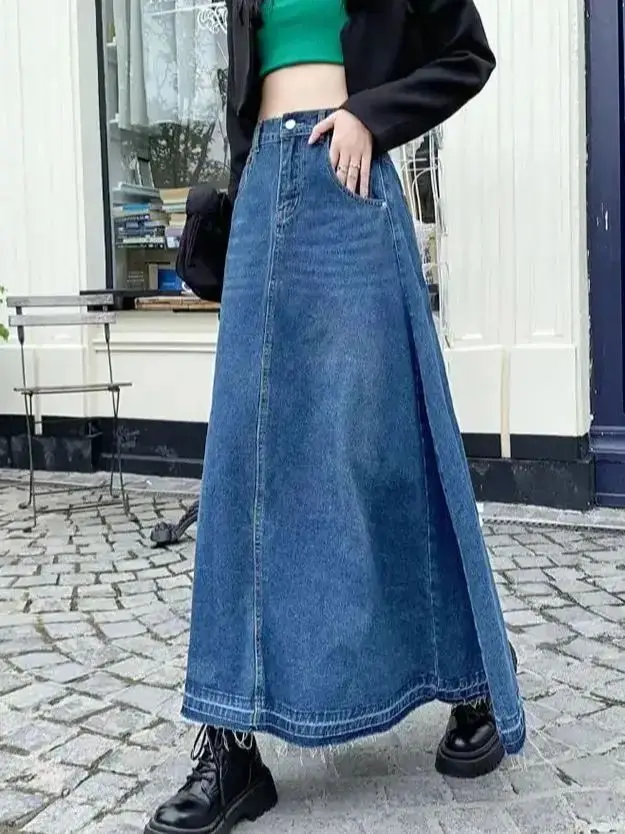 

Denim Skirt High Waist New A-Line Long Women Vintage Casual Elastic Waist Jean Skirt Summe 2024 Dark Blue Skirt