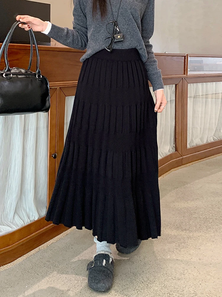 Falda Midi de Punto Plisada de Cintura Alta para Mujer, Otoño Invierno, Estilo Casual, para el Hogar y Uso Diario...