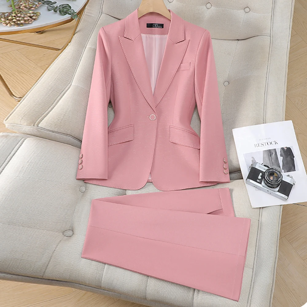 ZJYT Autumn Formal Blazer Suit Set 2 Piece Woman Elegant Outfit Pink Lady Pants Sets Jacket and Trousers Office Wear Plus Size