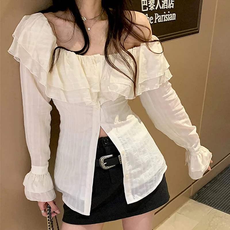 Slash Neck Solid French Ruffles Shirt Woman Summer Sexy Off Shoulder Ladies Blouse Chic Button Flare Long Sleeve Female Tops