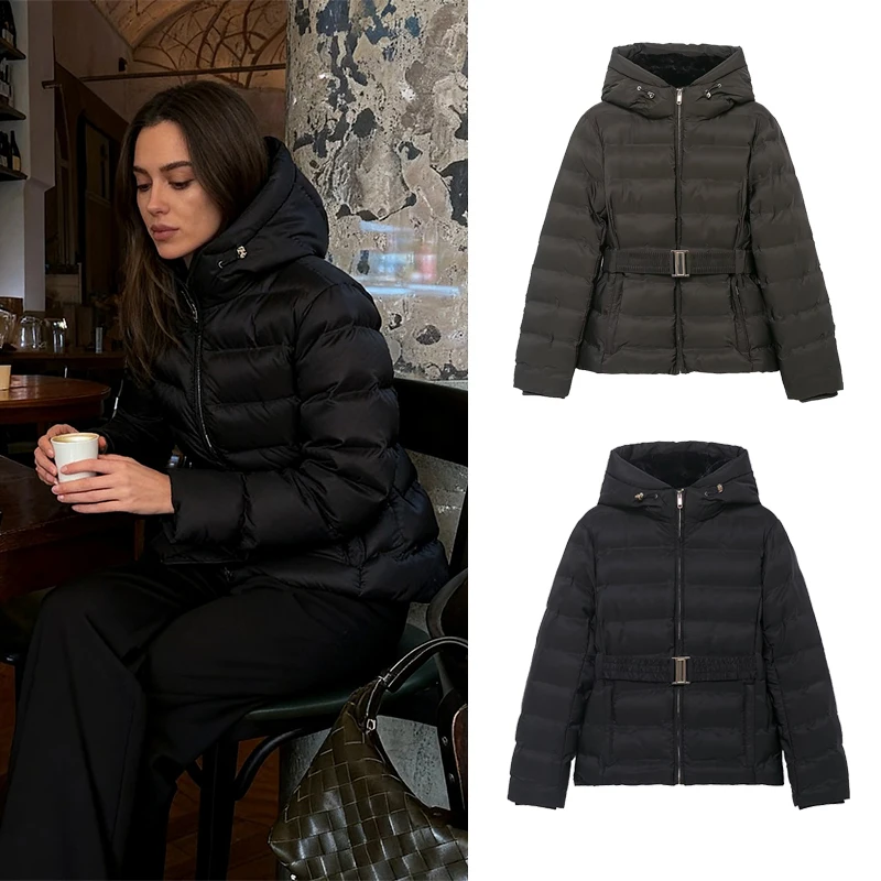 

Women Winter Jacket 2025 Women New Fashion Solid Color Long Sleeve Zipper Hooded Parka Coat With Belt Women Leisure Coats