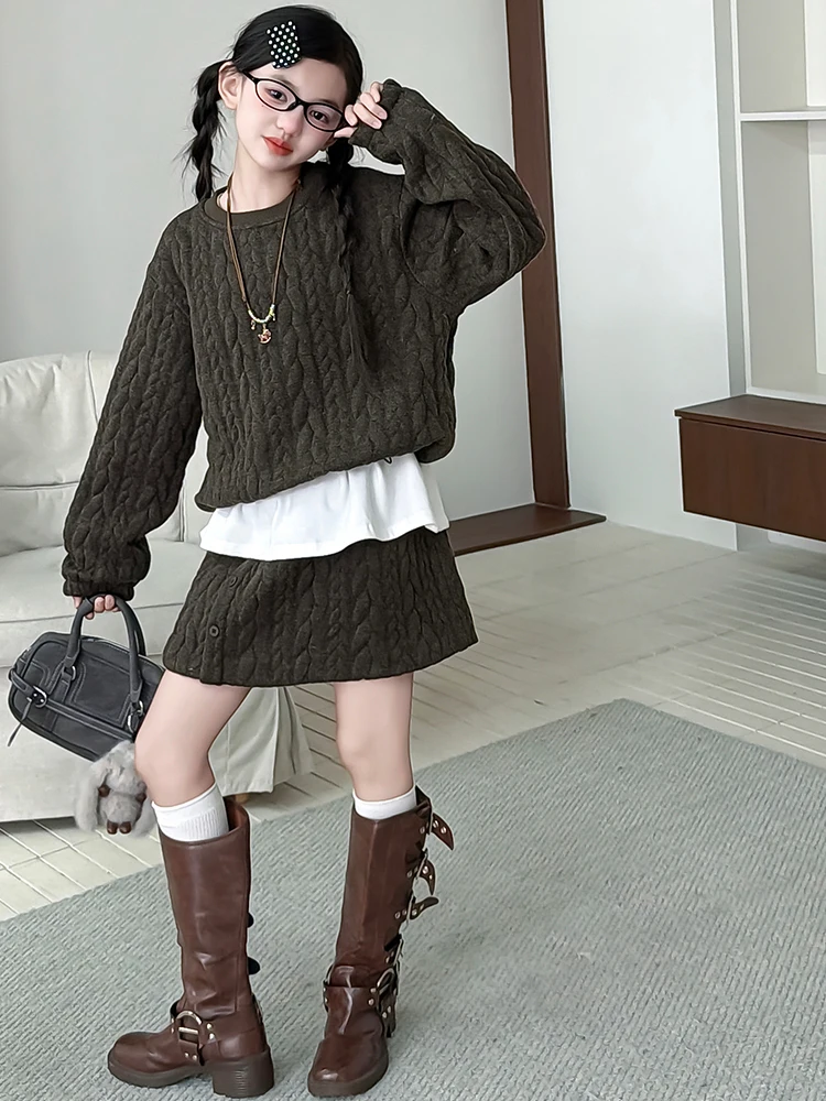 Conjunto de Vestido de Suéter Tricotado para Meninas, Outono Inverno, Saia Curta, Conjunto de Duas Peças, Uniforme Escolar Fa...