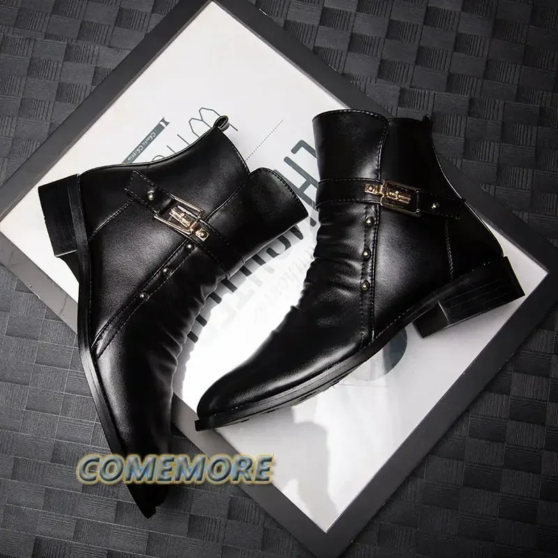 2023 Men\'s Leather Boots Pointed Fashion British High Quality High Top PU Business Shoes Casual Autumn Winter Male Boots Black