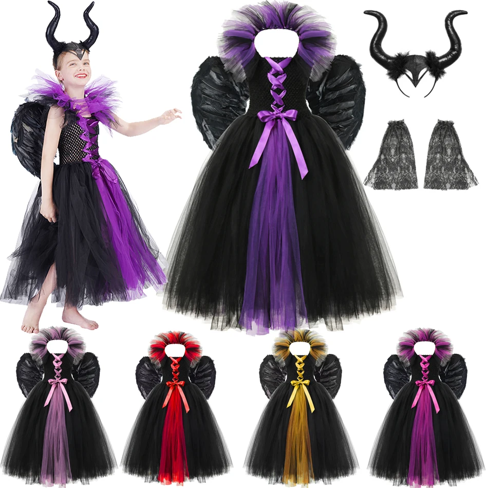 

3PCS Clothing Set For Girls Witch Tutu Dress Kid Maleficent Headgear Wings Descendants Villain Evil Queen Frock Cosplay Costume